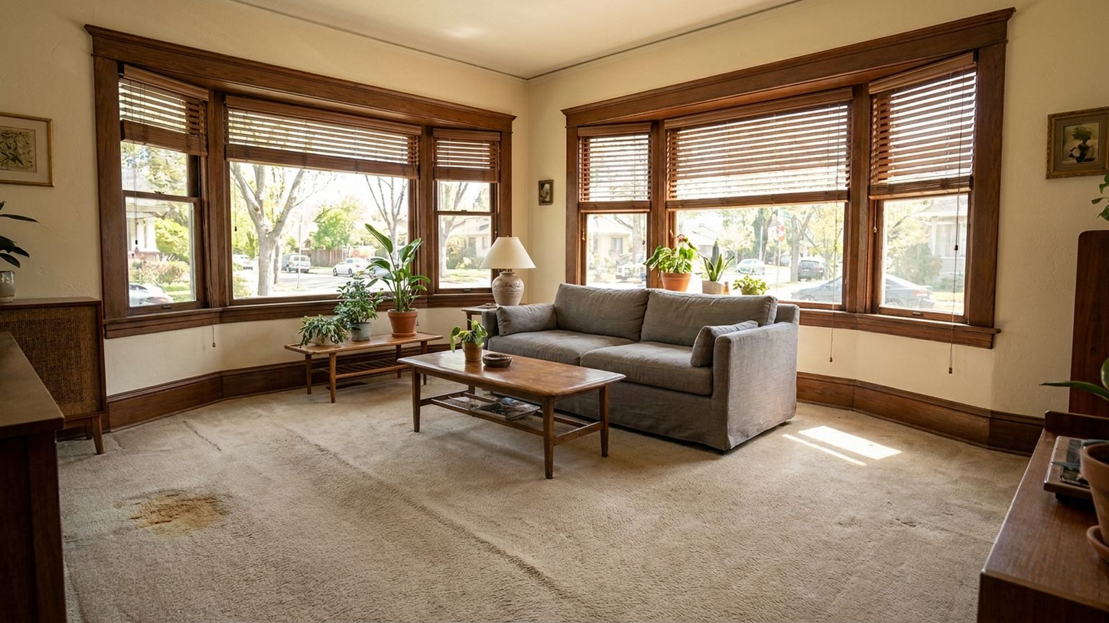 Midtown bungalow before: worn 1990s wall-to-wall carpet