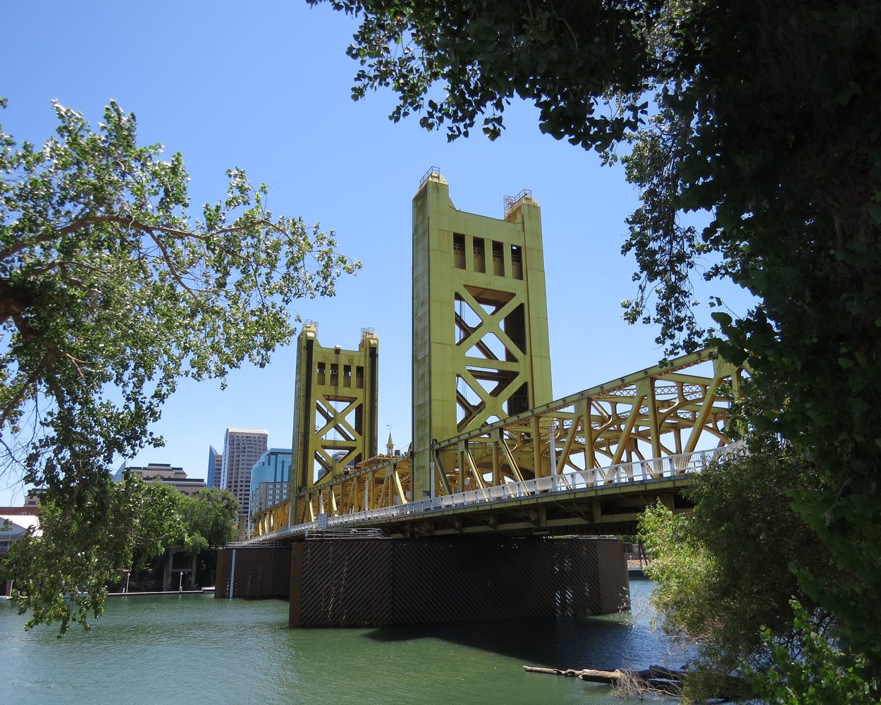 The gold Tower Bridge between West Sacramento and Sacramento