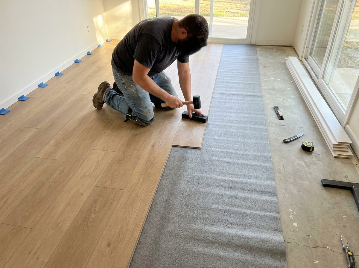 An installer clicking a vinyl plank into place over foam underlayment on a concrete slab